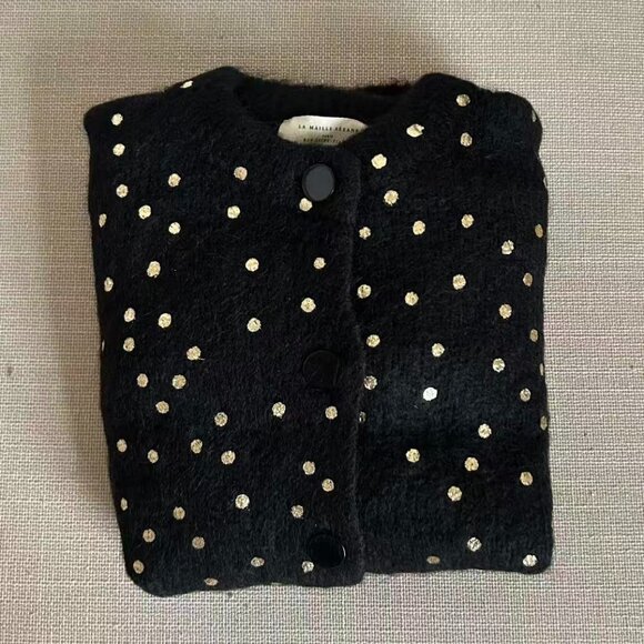 Sezane Talitha Cardigan Small Black/Gold Dots French Causal Knit Soft - Picture 6 of 11